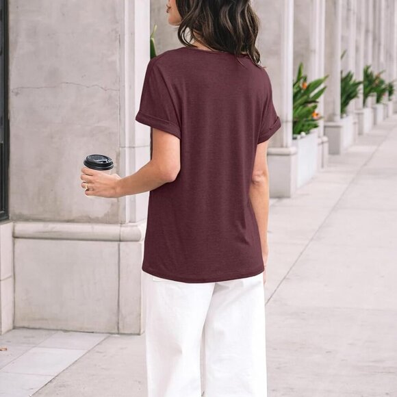 Women's Short Sleeve V Neck Casual T-Shirt in Winered - Large - Picture 4 of 5